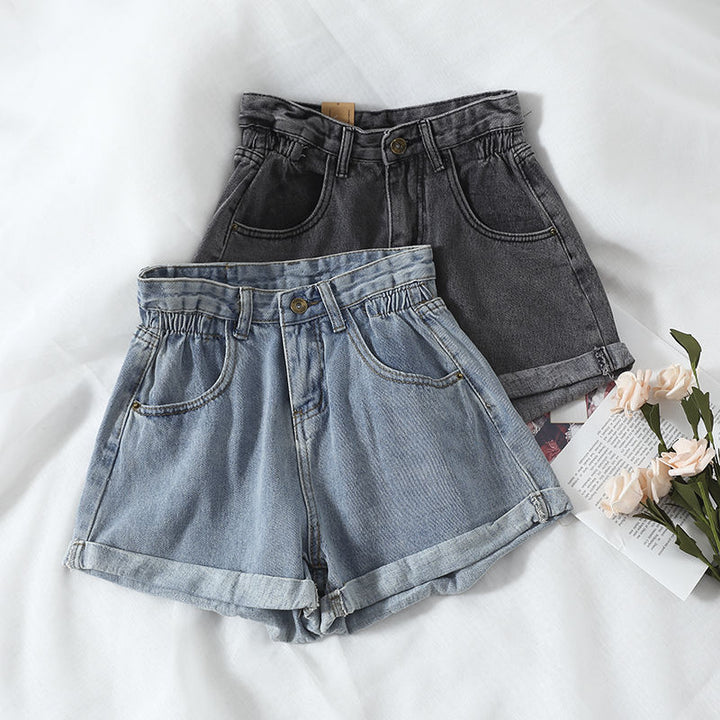 Damens høytlivs denimshorts med omslagskant og elastisk liv Skjora
