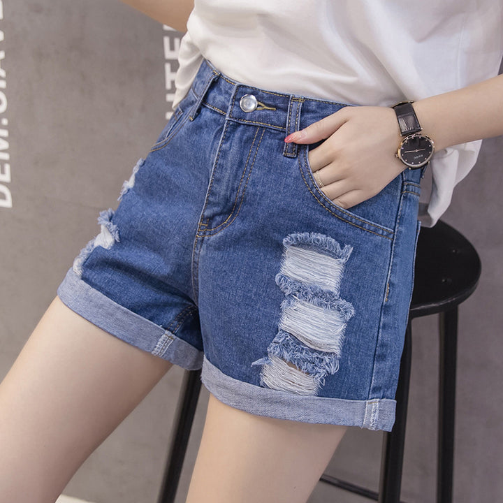 Kvinnenes denimshorts med trendy slitt design og uformell oppbrett