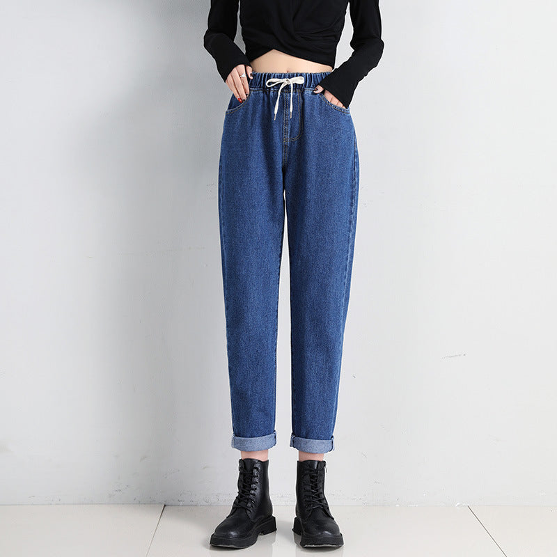 Dames Komfortable Jeans med Elastisk Liv med Sidelommer
