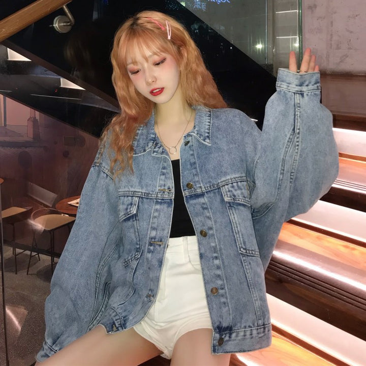 Dame Oversized Denim Jakke med Praktiske Lommer Skjora