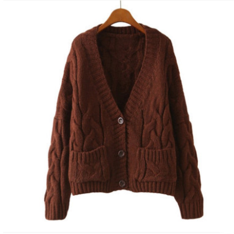 Dame chunky strikket cardigan med knappede lommer og V-hals Skjora