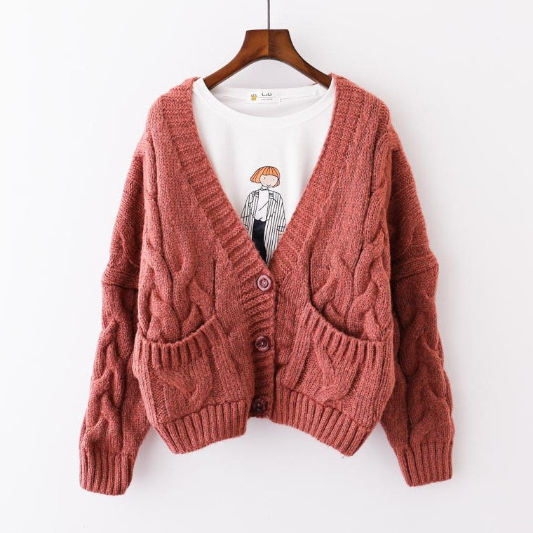 Dame chunky strikket cardigan med knappede lommer og V-hals Skjora