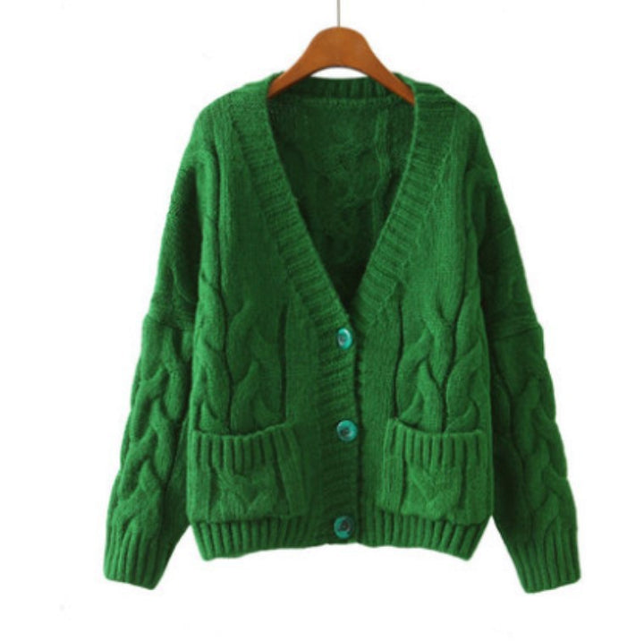 Dame chunky strikket cardigan med knappede lommer og V-hals Skjora