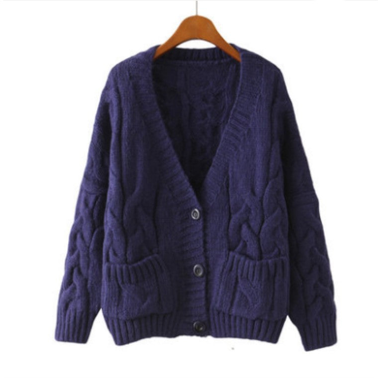 Dame chunky strikket cardigan med knappede lommer og V-hals Skjora