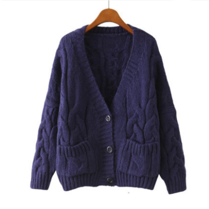 Dame chunky strikket cardigan med knappede lommer og V-hals Skjora