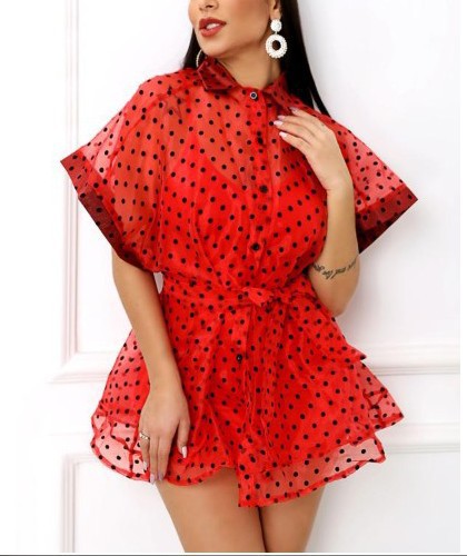 Dame Polka-Prikker Chiffon-Kjole med voluminøse ermer og elastisk liv Skjora