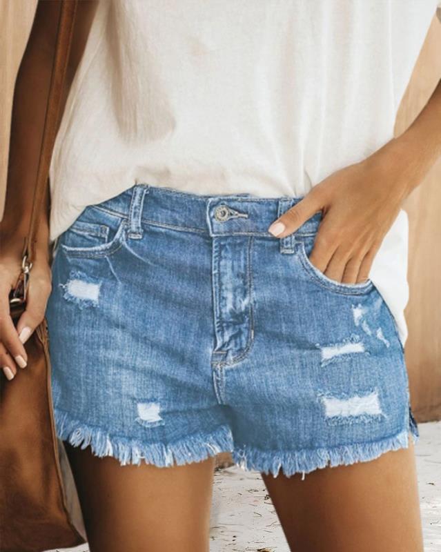 Dame Destroyed Denim-shorts med frynset kant og avslappet snitt Skjora