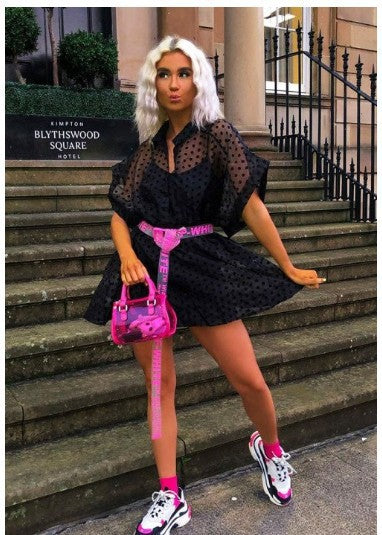 Dame Polka-Prikker Chiffon-Kjole med voluminøse ermer og elastisk liv Skjora