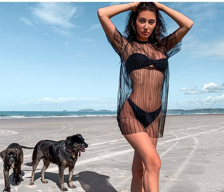 Dame Gjennomsiktig Strandtunikk med vertikale striper og vid skjæring Design Skjora