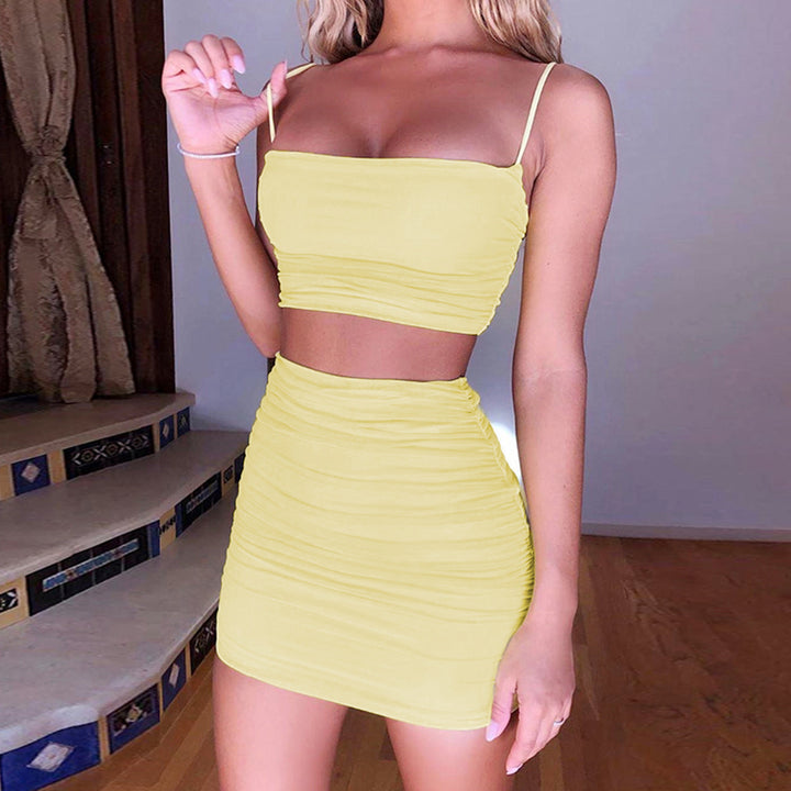 Dame To-delt sett med rynket crop-top og miniskjørt Skjora