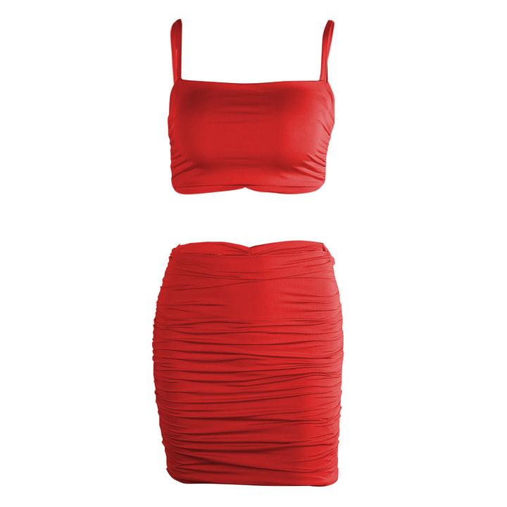 Dame To-delt sett med rynket crop-top og miniskjørt Skjora