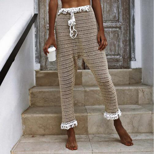 Damen Häkel-Strandleggings mit dekorativen Fransen und elastischem Bund Skjora