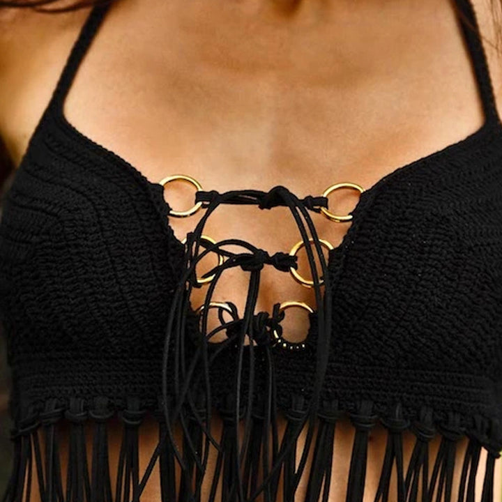 Damen Häkel-Bikini-Oberteil mit Fransen und dekorativen Ringen Skjora