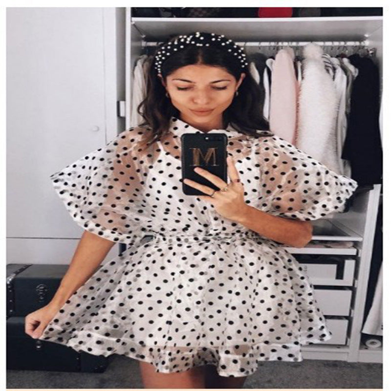 Dame Polka-Prikker Chiffon-Kjole med voluminøse ermer og elastisk liv Skjora