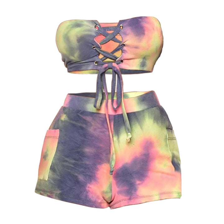 Kvinners Crop Top og Shorts Sett med Snøring og Lekent Design