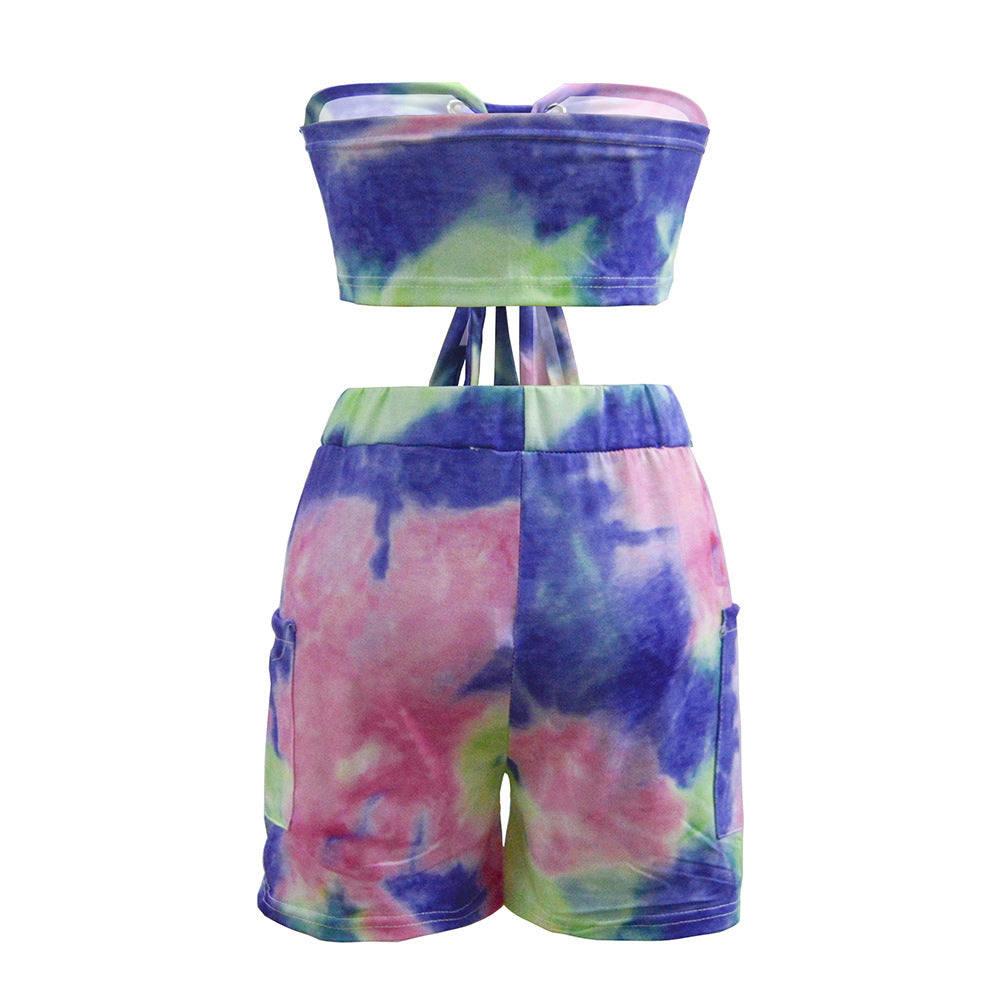 Kvinners Crop Top og Shorts Sett med Snøring og Lekent Design