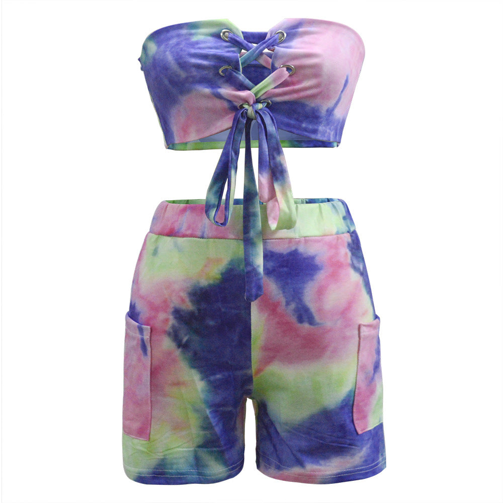 Kvinners Crop Top og Shorts Sett med Snøring og Lekent Design