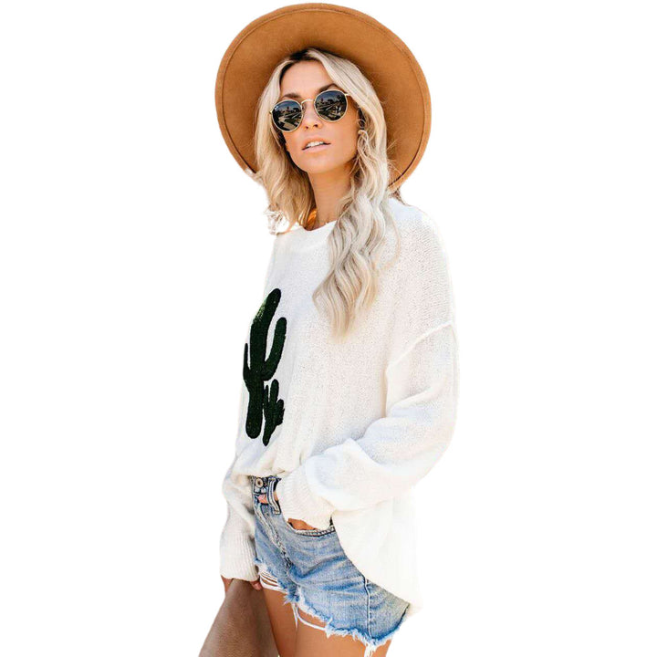 Dame oversized genser med avslappet kaktusdesign og rund hals Skjora