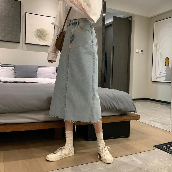 Kvinne Casual Denim Midi Skjørt med Frynset Kant