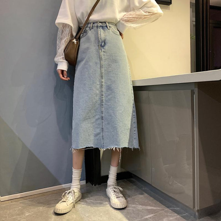 Kvinne Casual Denim Midi Skjørt med Frynset Kant