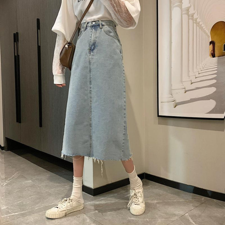 Kvinne Casual Denim Midi Skjørt med Frynset Kant