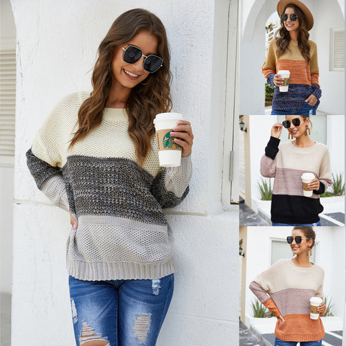 Kvinne chunky strikkegenser med trendy blokkdesign og avslappet passform Skjora
