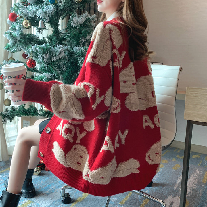 Kvinnelig cardigan med leken motiv og store lommer Skjora