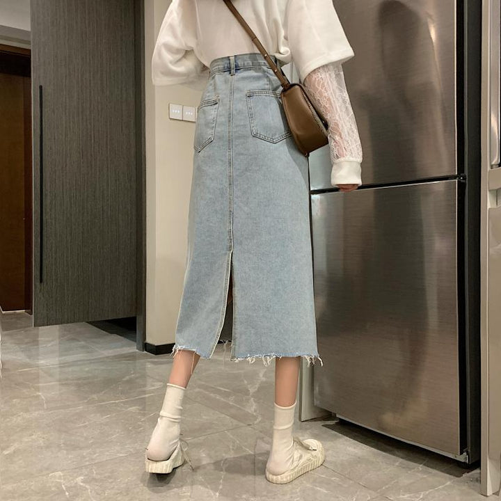 Kvinne Casual Denim Midi Skjørt med Frynset Kant