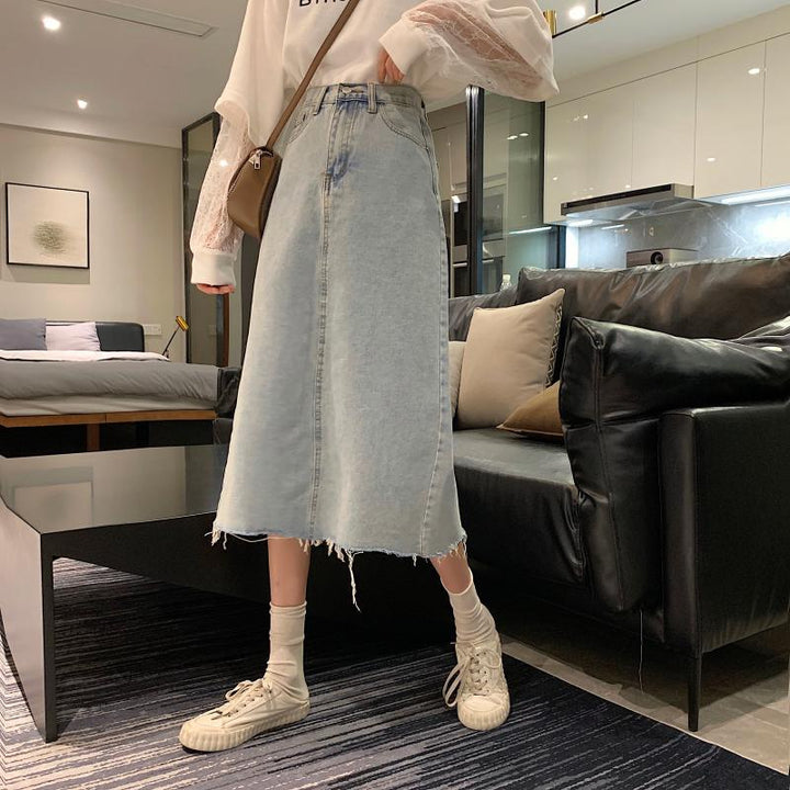 Kvinne Casual Denim Midi Skjørt med Frynset Kant