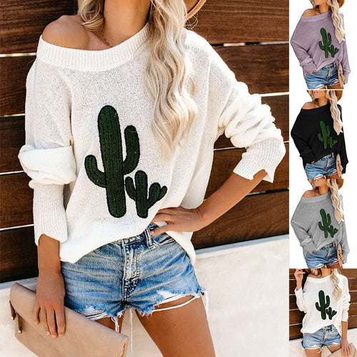 Dame oversized genser med avslappet kaktusdesign og rund hals Skjora