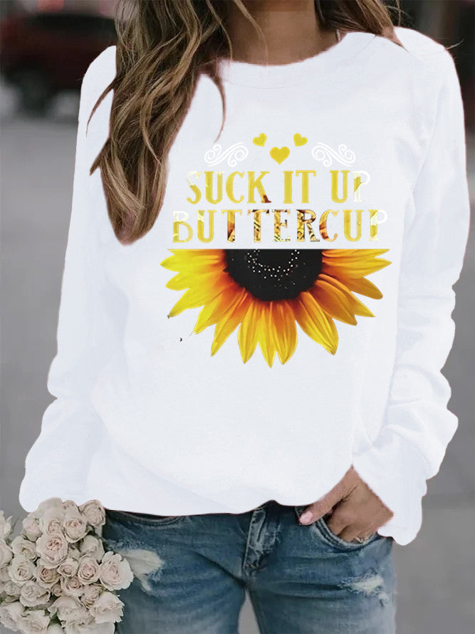 Dame sweatshirt med kreativ solfleurtrykk og motiverende sitat Skjora