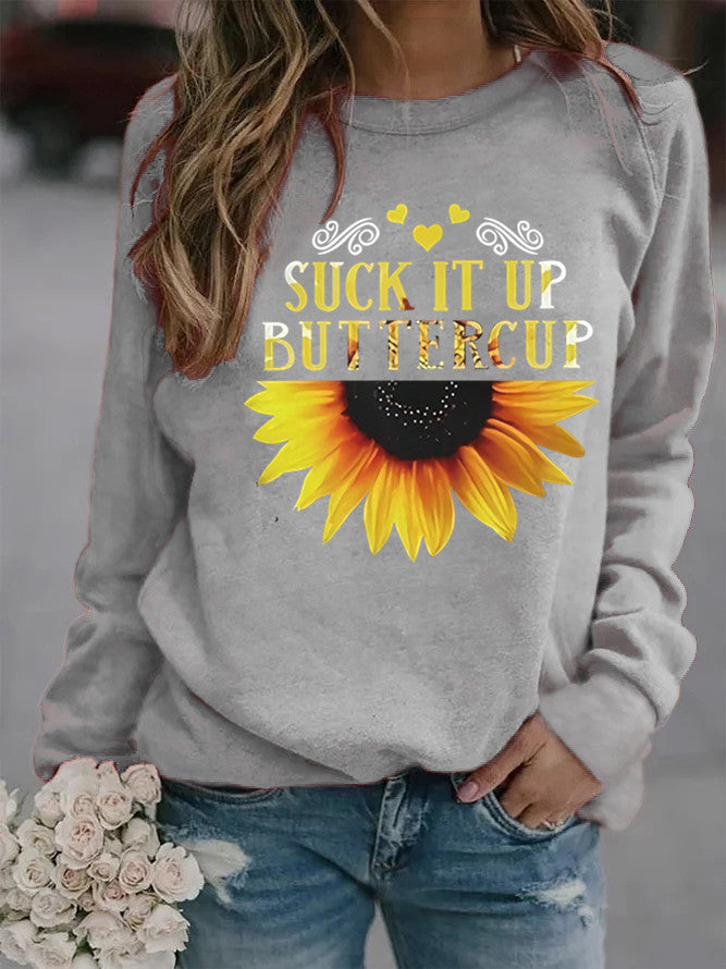 Dame sweatshirt med kreativ solfleurtrykk og motiverende sitat Skjora
