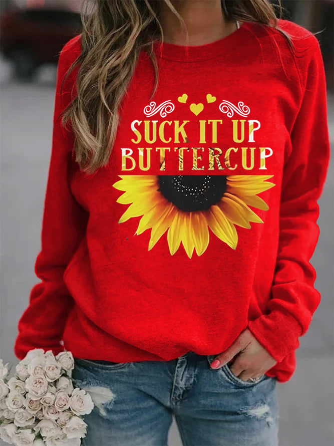 Dame sweatshirt med kreativ solfleurtrykk og motiverende sitat Skjora