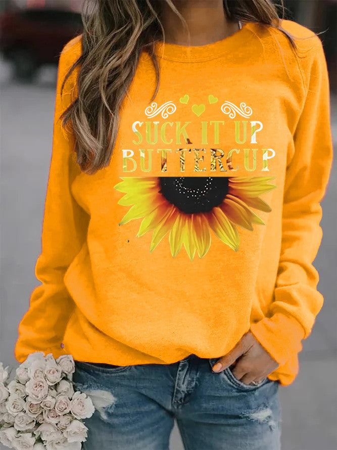 Dame sweatshirt med kreativ solfleurtrykk og motiverende sitat Skjora