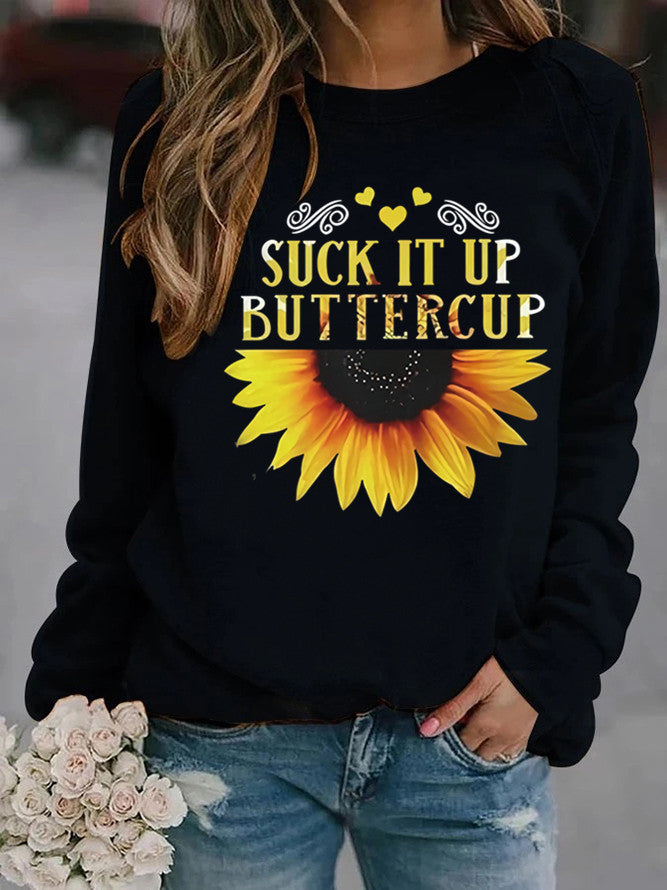 Dame sweatshirt med kreativ solfleurtrykk og motiverende sitat Skjora