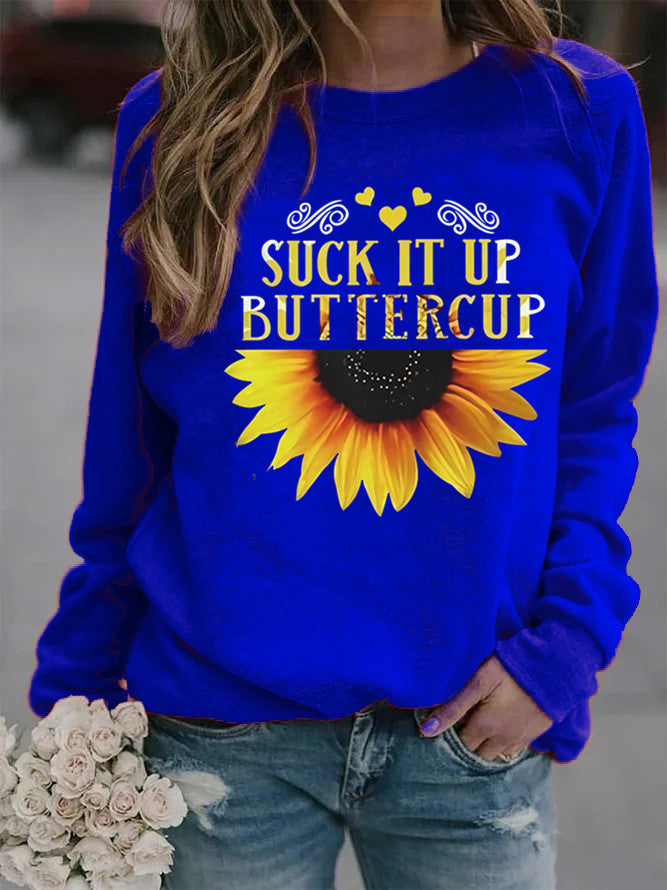 Dame sweatshirt med kreativ solfleurtrykk og motiverende sitat Skjora