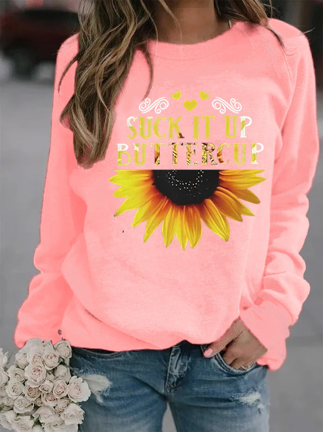 Dame sweatshirt med kreativ solfleurtrykk og motiverende sitat Skjora