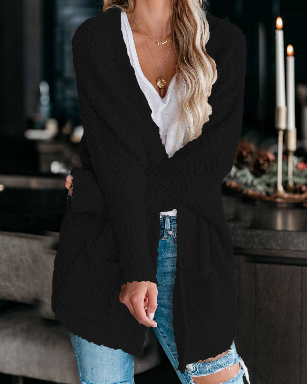 Kvinnekomfortabel cardigan med åpen skjæring og store lommer Skjora