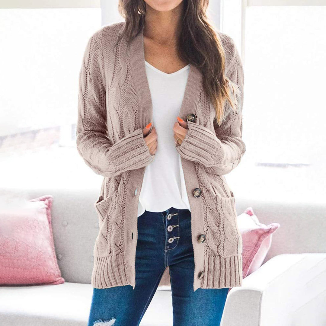 Kvinnes chunky strikket cardigan med store knapper og praktiske lommer Skjora