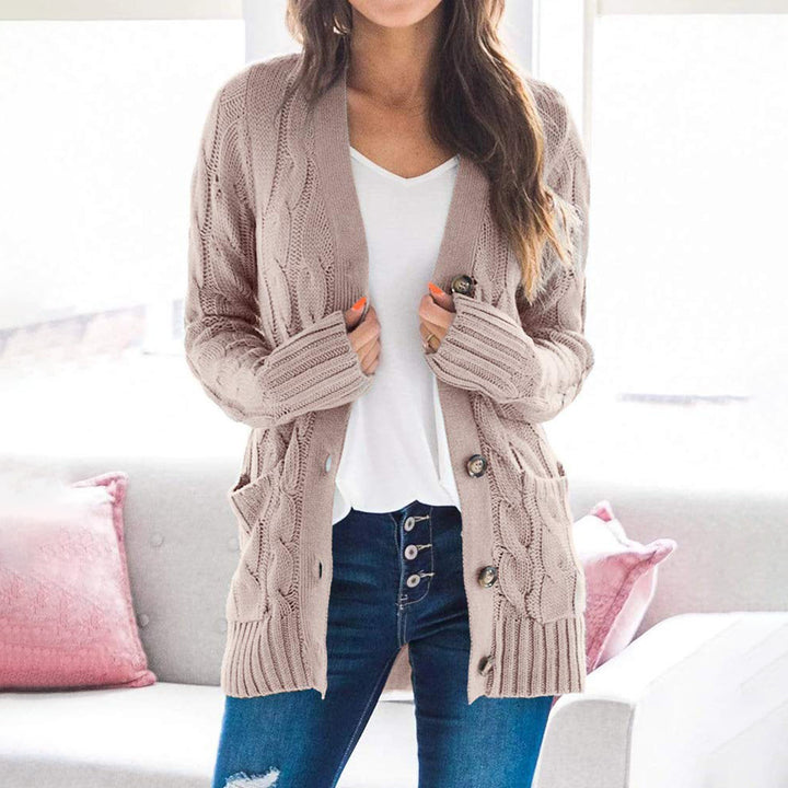 Kvinnes chunky strikket cardigan med store knapper og praktiske lommer Skjora