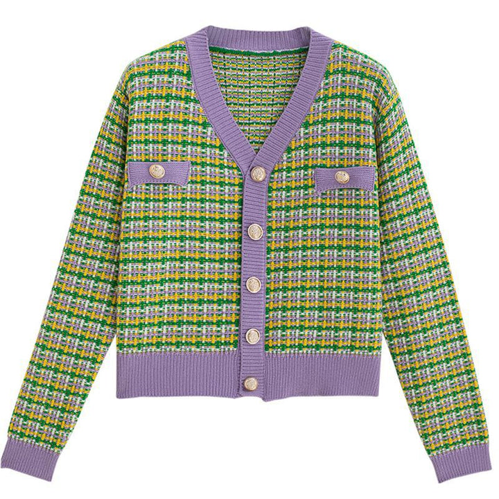 Kvinnes fashionable cardigan med trendy rutemønster og glitrende knapper Skjora