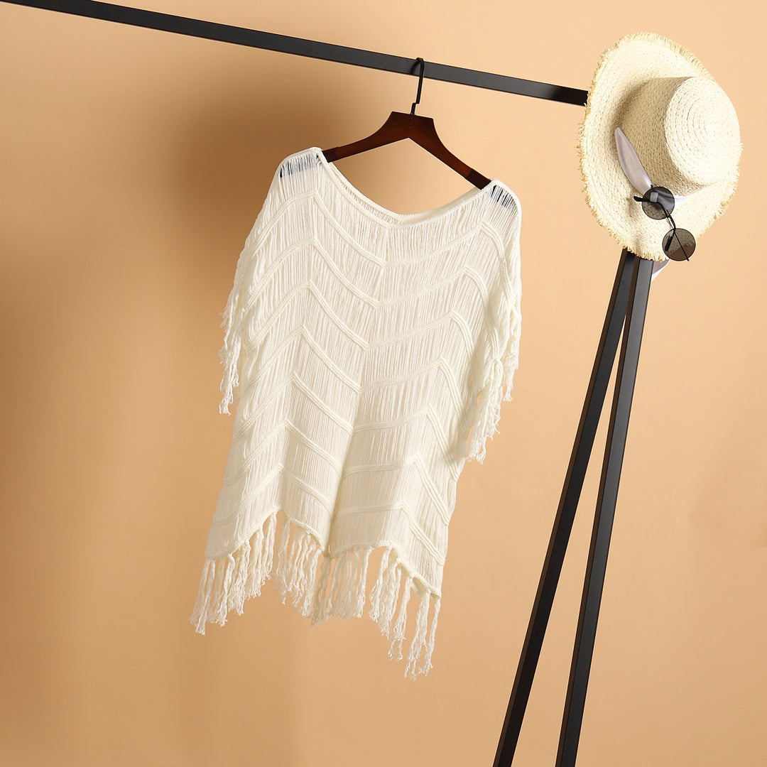 Damen luftiger Häkel-Strandponcho mit Fransen und elegantem Design Skjora