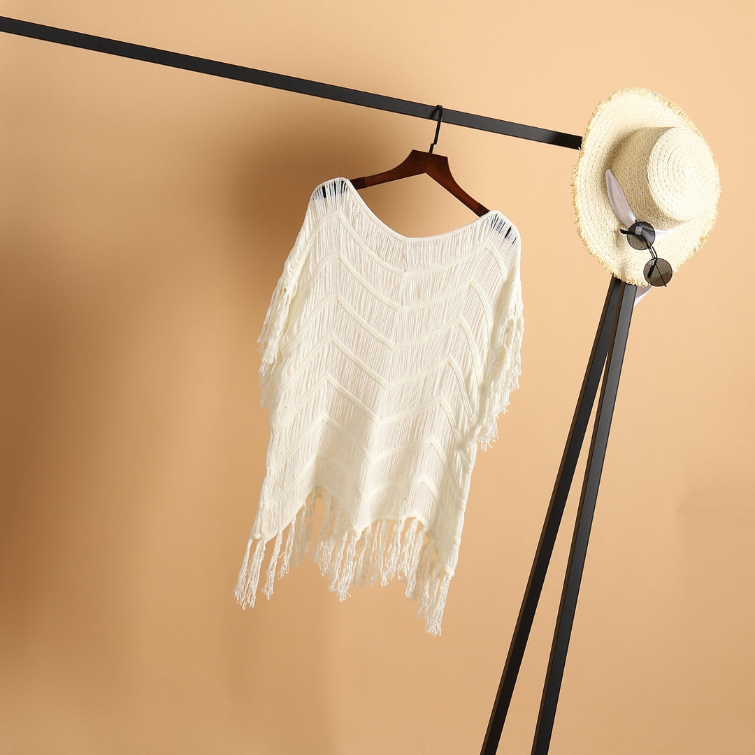 Damen luftiger Häkel-Strandponcho mit Fransen und elegantem Design Skjora