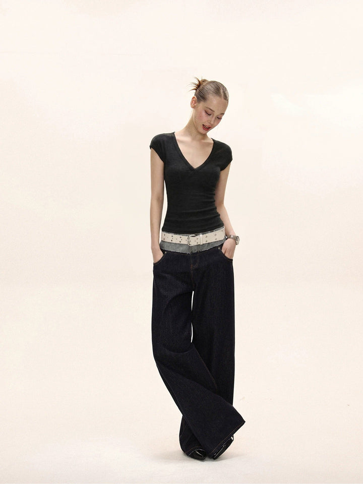 Dame V-hals Kortsleeve T-skjorte Enfarget Slim Fit