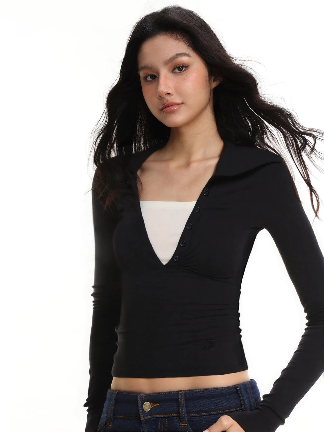 Women's V-Neck Faux Two-Piece Long-Sleeved Top Black