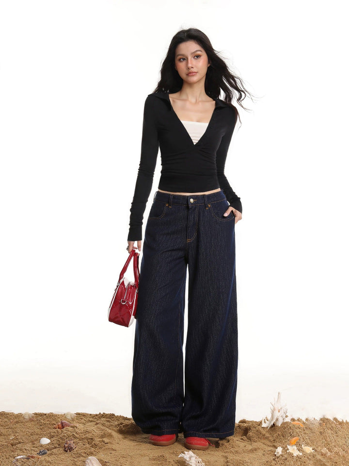 Women's V-Neck Faux Two-Piece Long-Sleeved Top Black