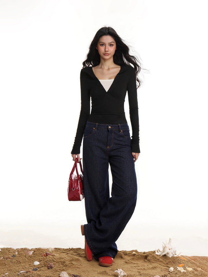 Women's V-Neck Faux Two-Piece Long-Sleeved Top Black