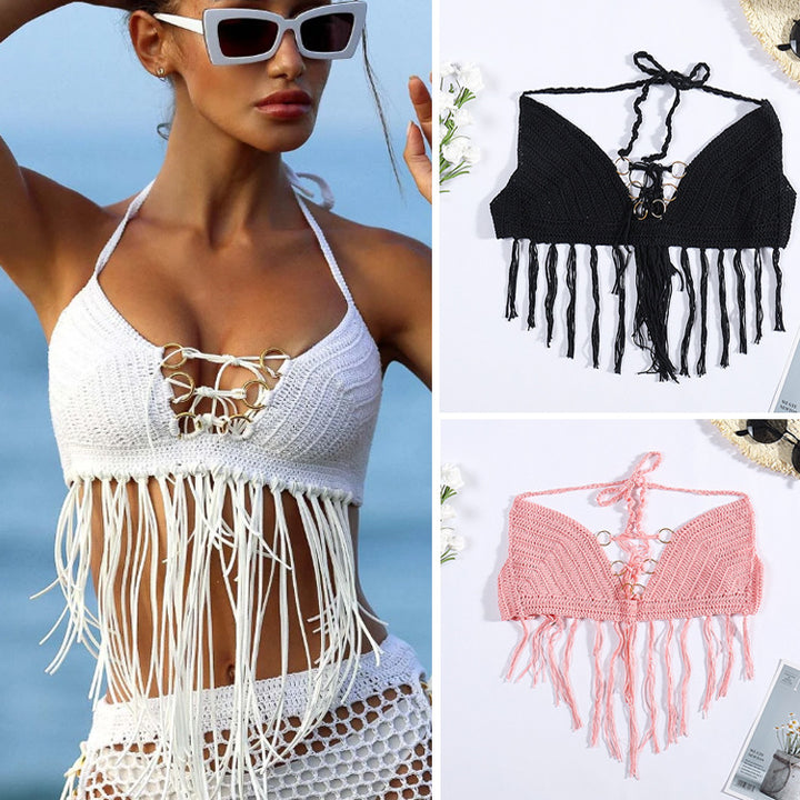 Damen Häkel-Bikini-Oberteil mit Fransen und dekorativen Ringen Skjora