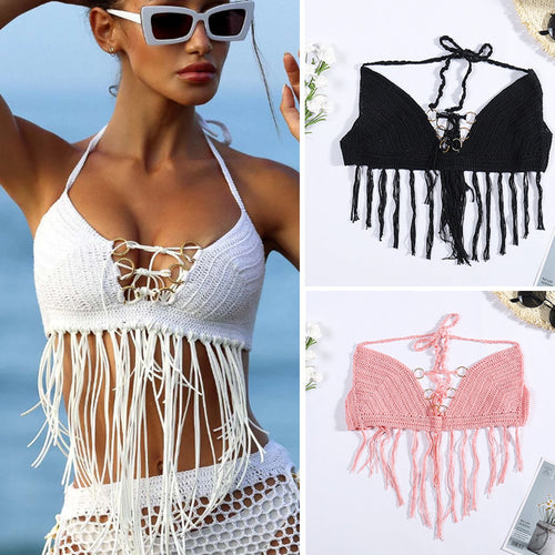 Damen Häkel-Bikini-Oberteil mit Fransen und dekorativen Ringen Skjora