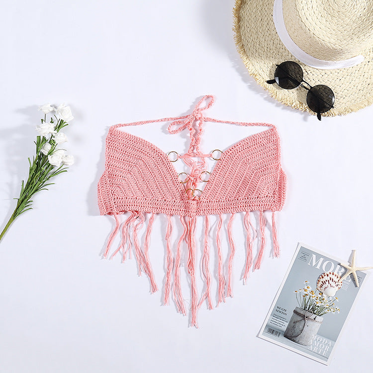 Damen Häkel-Bikini-Oberteil mit Fransen und dekorativen Ringen Skjora